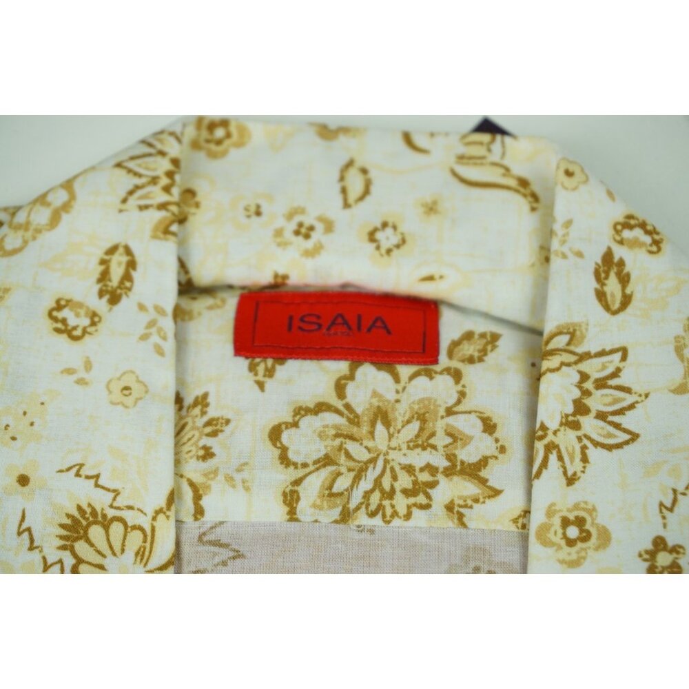 Isaia Napoli White Brown Beige Floral Short Sleeve Cotton Camp Shirt 15.5/39 NEW - Picture 2 of 5